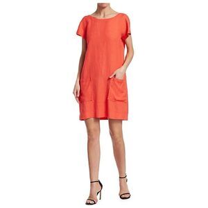 Eileen Fisher Linen Blend Shift Dress Orange Patch Pockets Short Sleeve